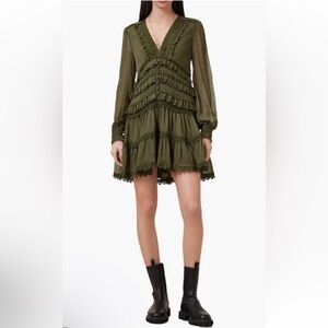 AllSaints Zora V-Neck Long Sleeve Tiered Dress Moss Green Size 0 NWT